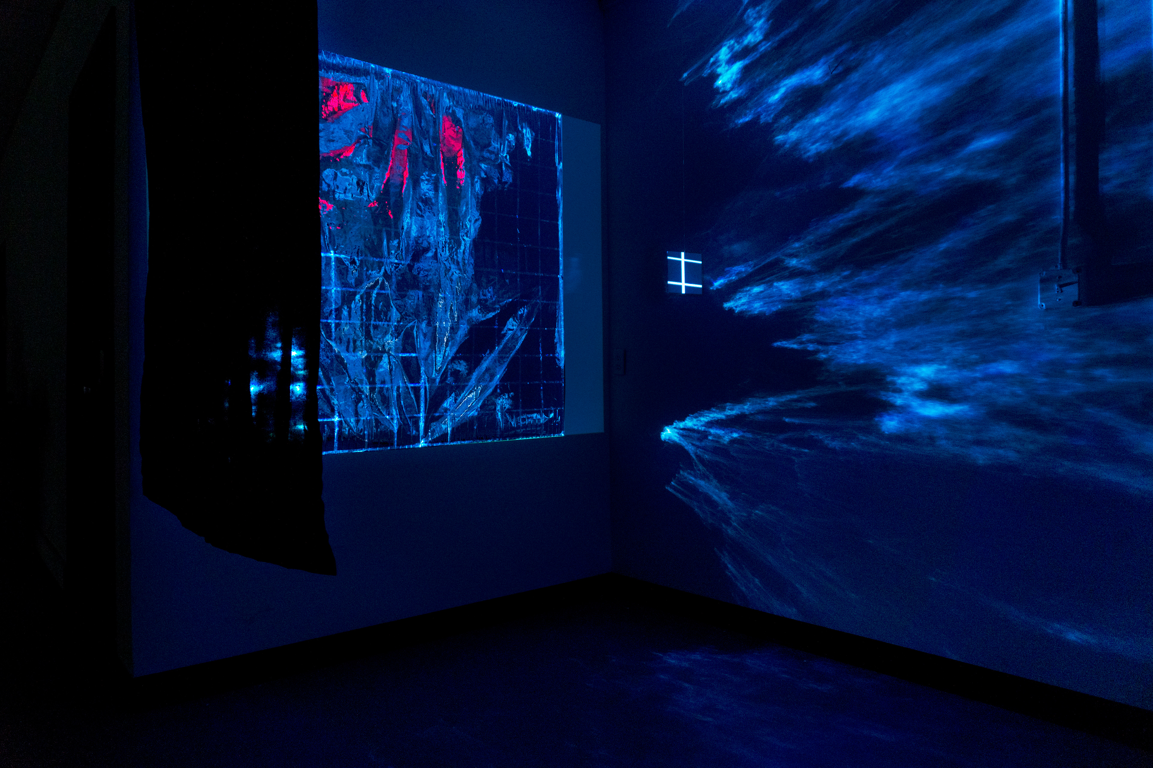 Crystal Alyssa, "A System", 2018 Acrylic mirror, fishing string, light projection, Mylar Dimensions infinite
