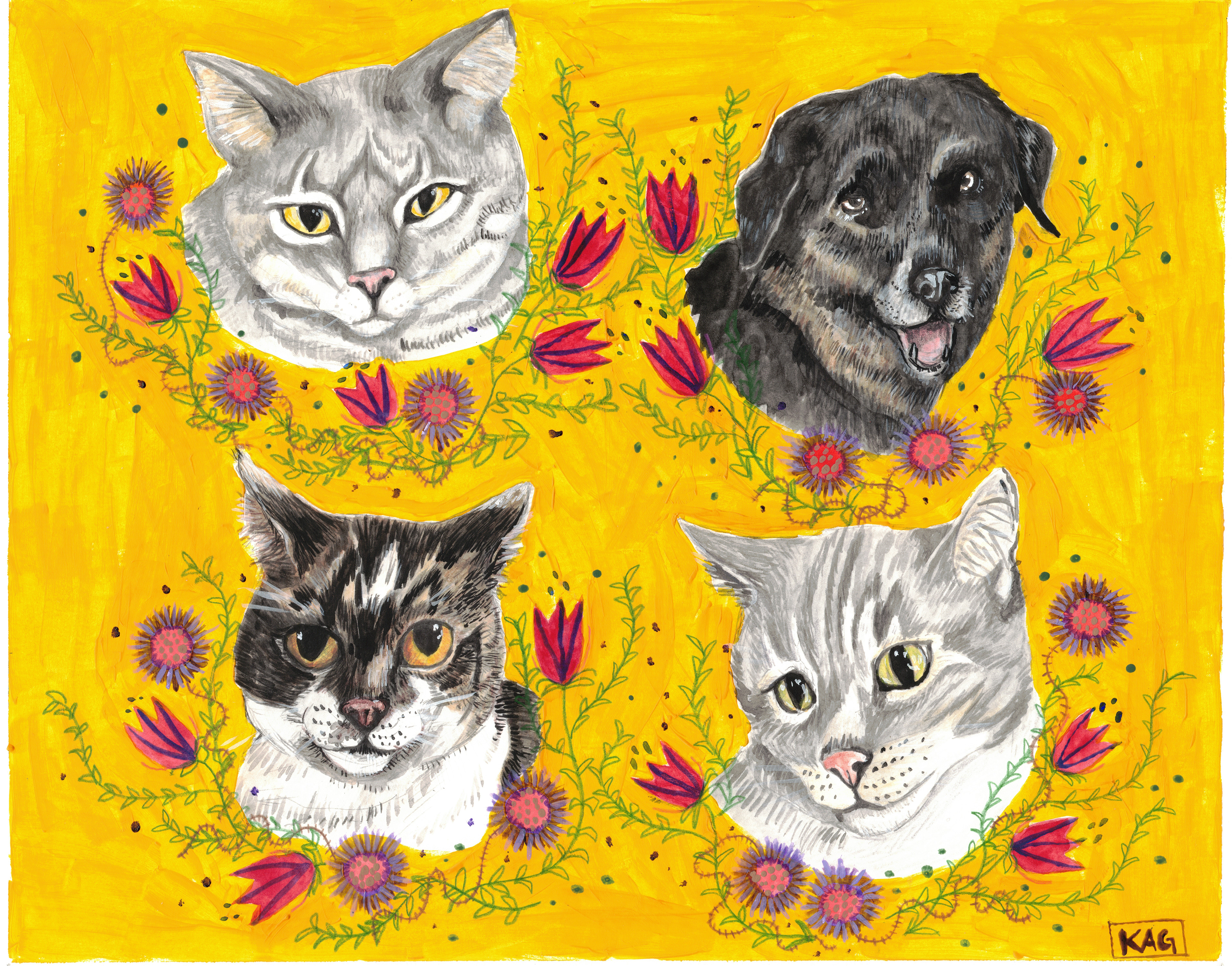 "Four in the Brambles" -mixed media on paper.