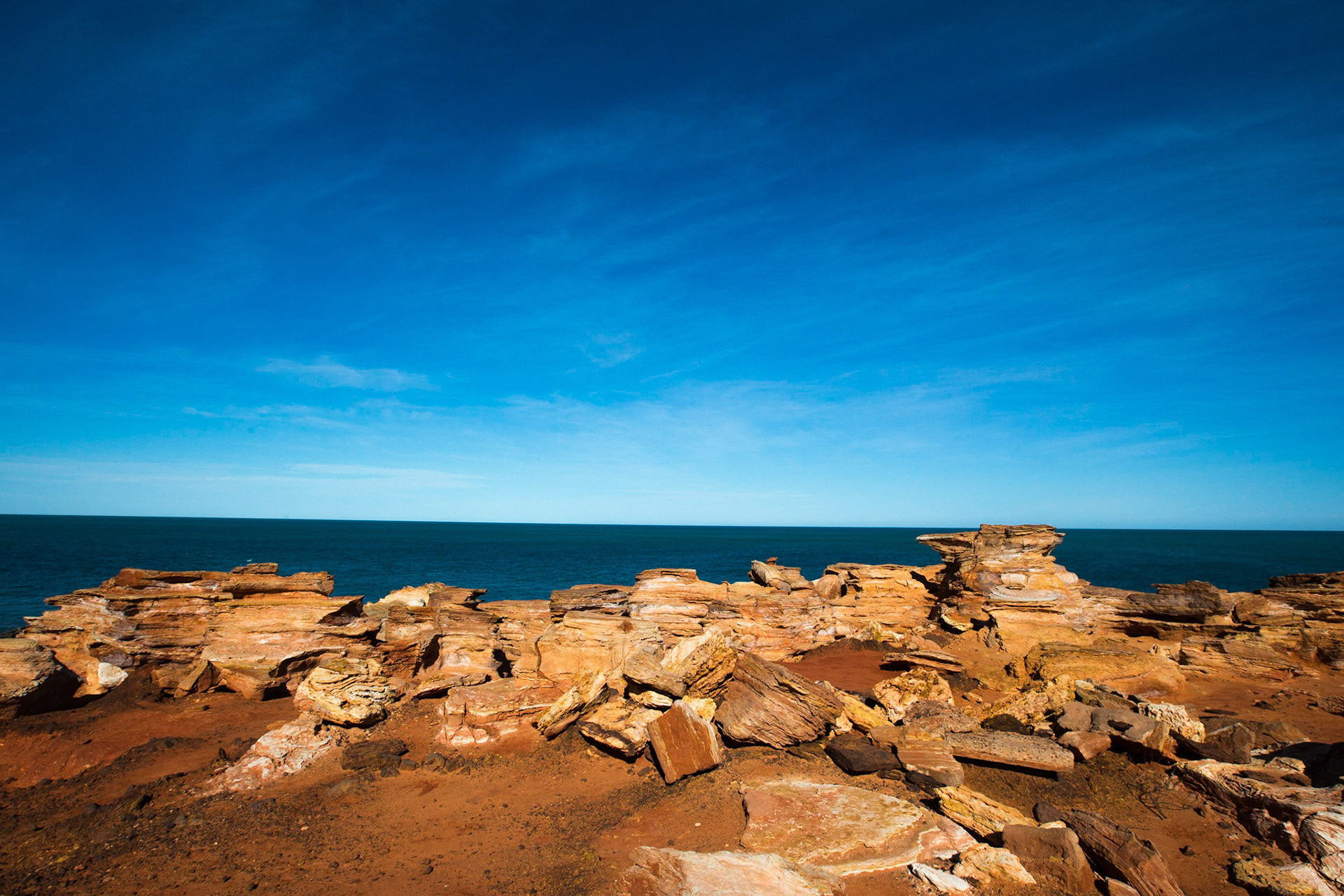 View of ancient rocks and Indian Ocean from Gantheaume Point Broome, Western Australia
