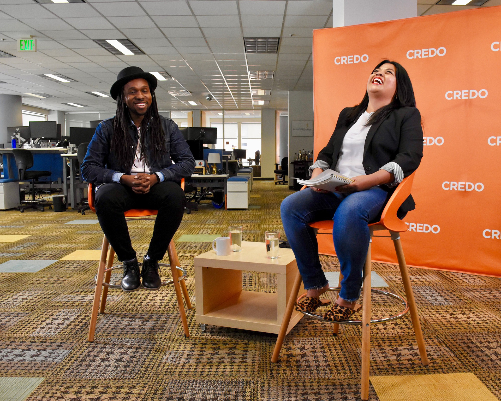 Photograph of Maurice Mitchell of Working Families Party being interviewed on Facebook Live by Nicole Regalado of CREDO