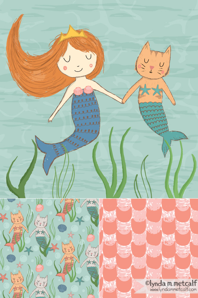 Mermaid with cat mermaid pet with coordinating patterns.