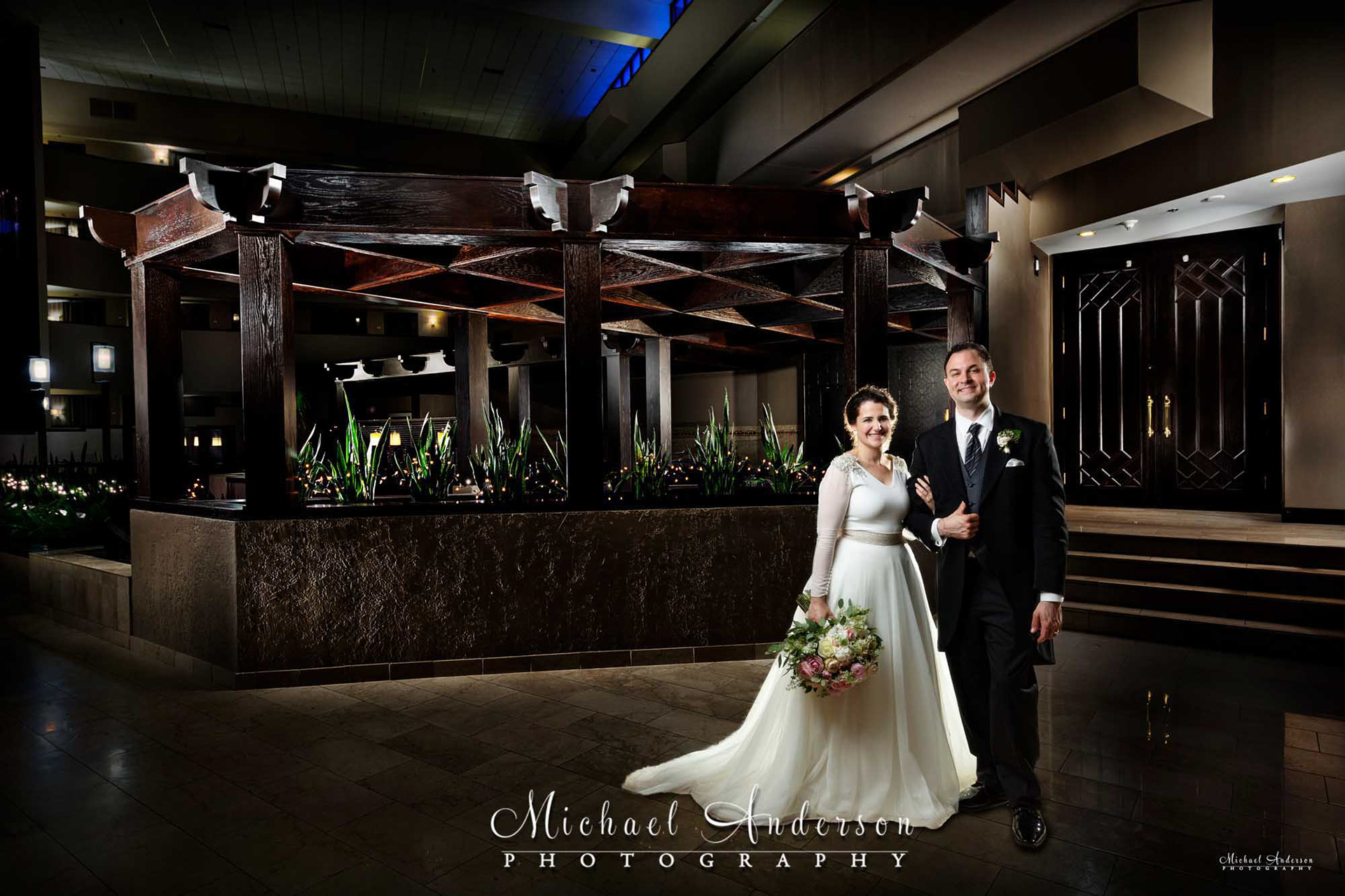 A unique wedding photograph created in the hotel lobby at the Sheraton Minneapolis West in Minnetonka, MN.