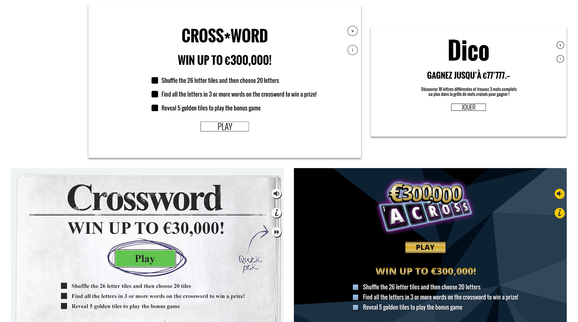 Splash screens - Irish wireframe, Swiss wireframe, Irish newspaper version, Irish graphical version.