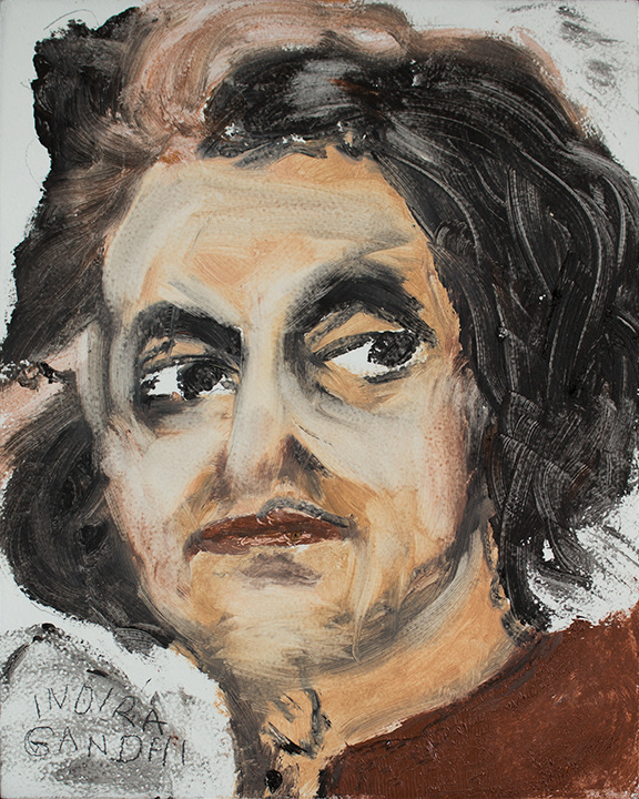 Indira Gandhi, make-up on wood panel, 10 x 8 in, 2019.
