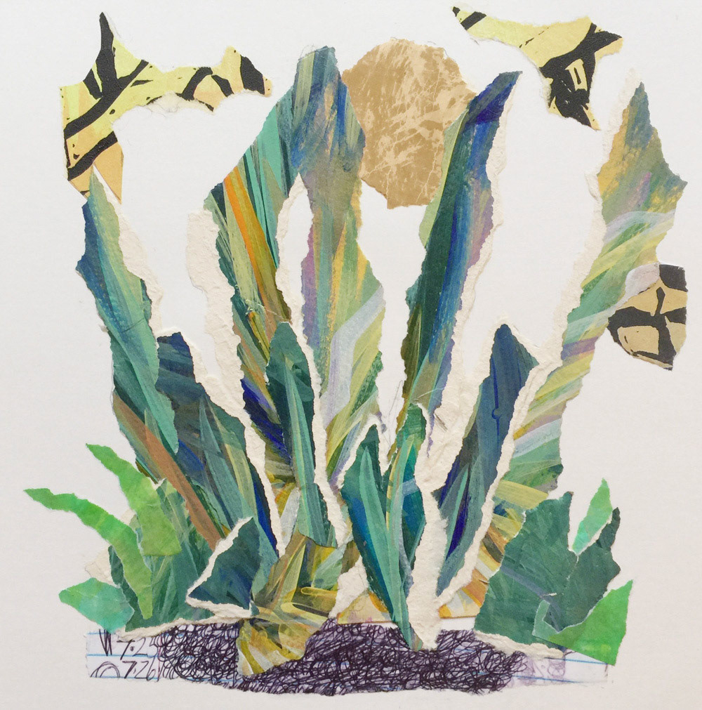 The Grass Kept Growing (COVID), 10"x10", collage of recycled original artwork on paper