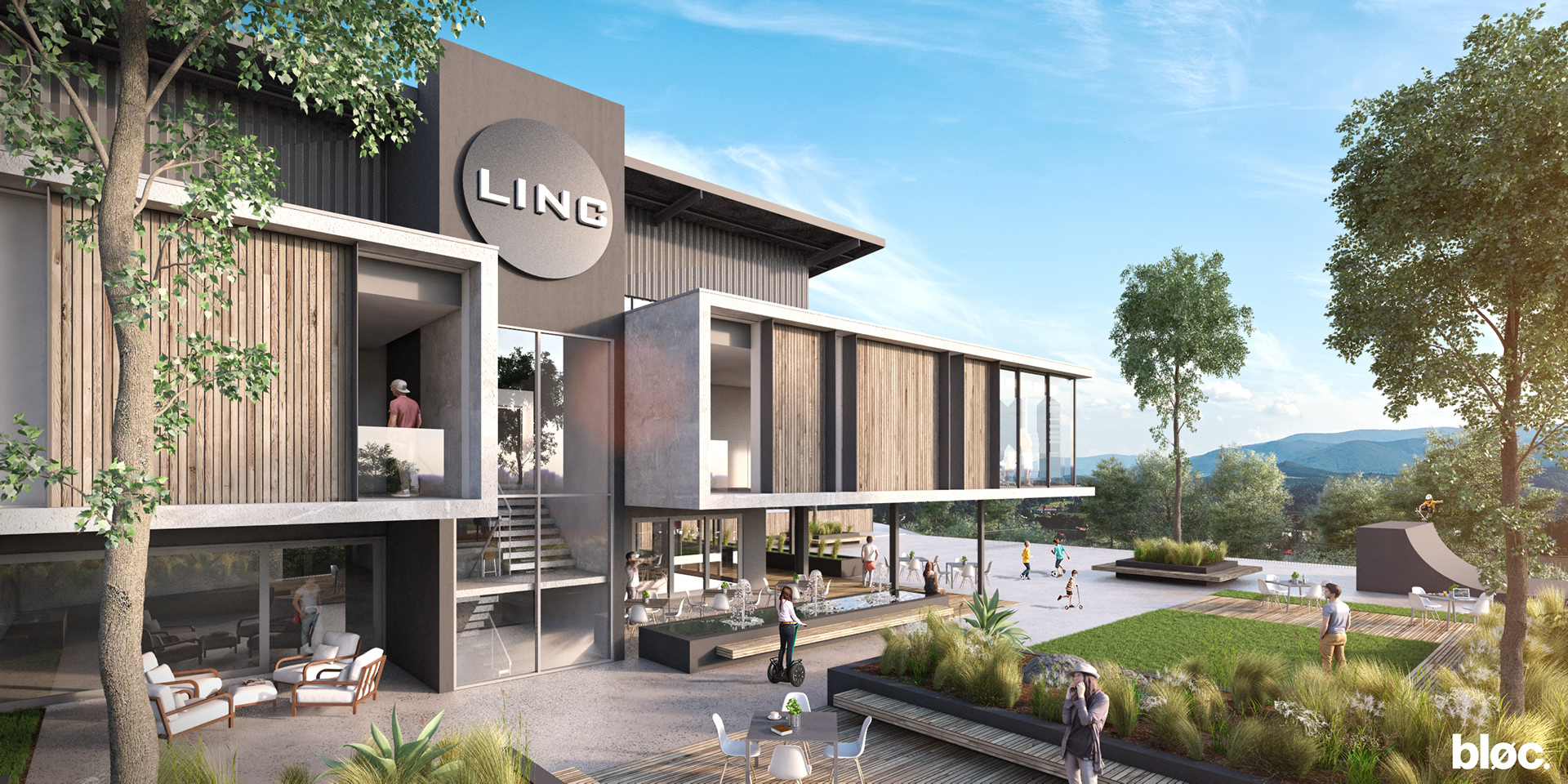 Front elevation of Linc church with informal outdoor spaces