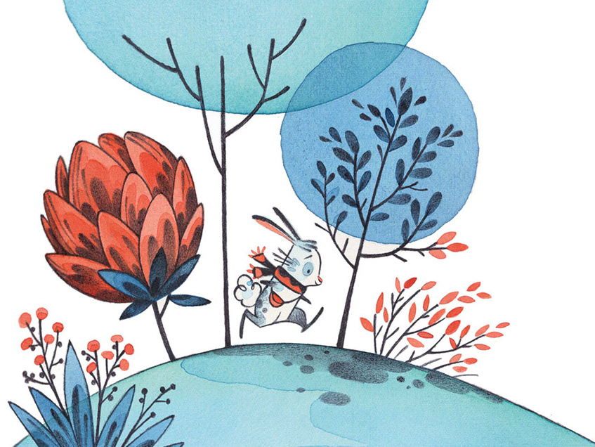 Illustration of Pompon the bunny, running in the forest