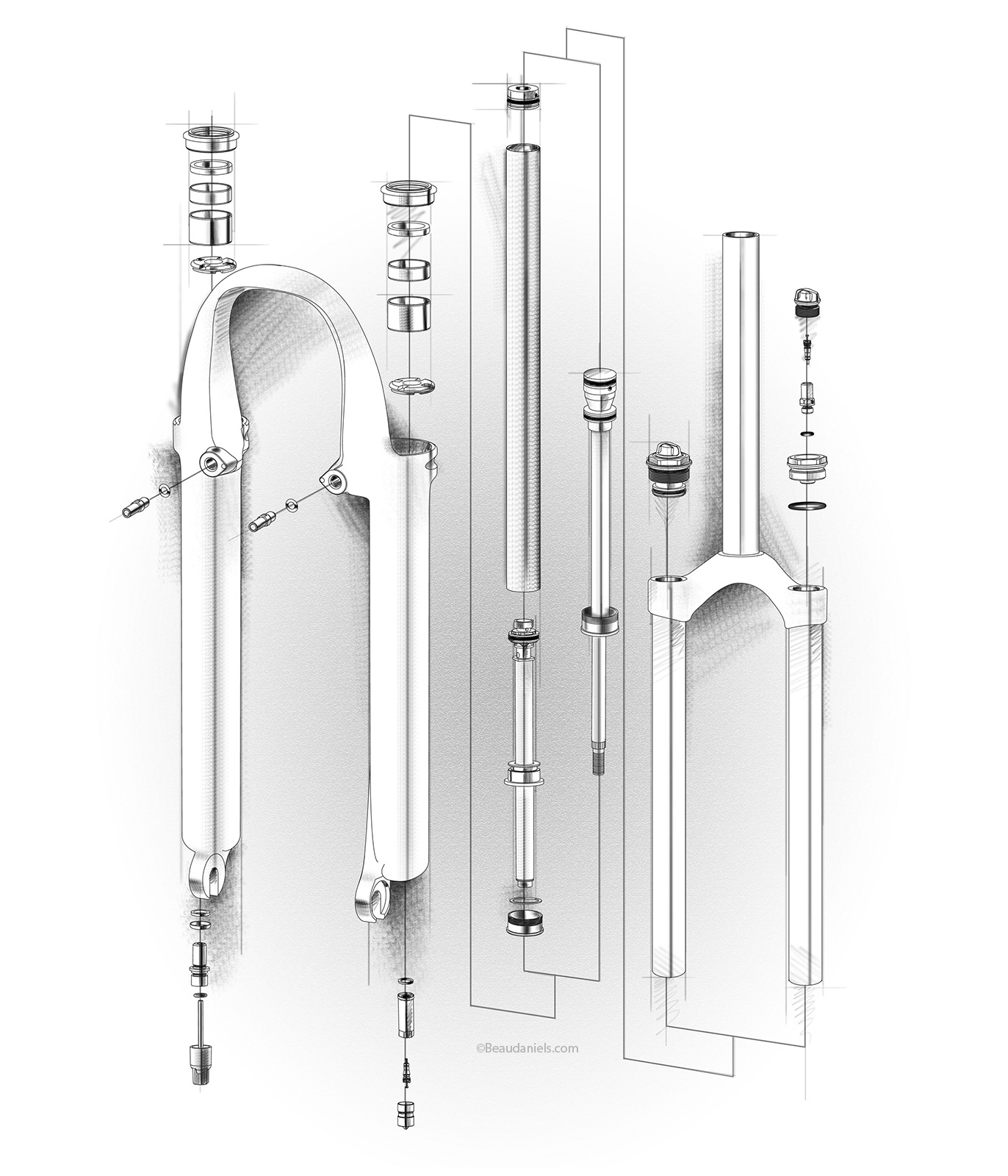 Exploded view of bicycle front forks.