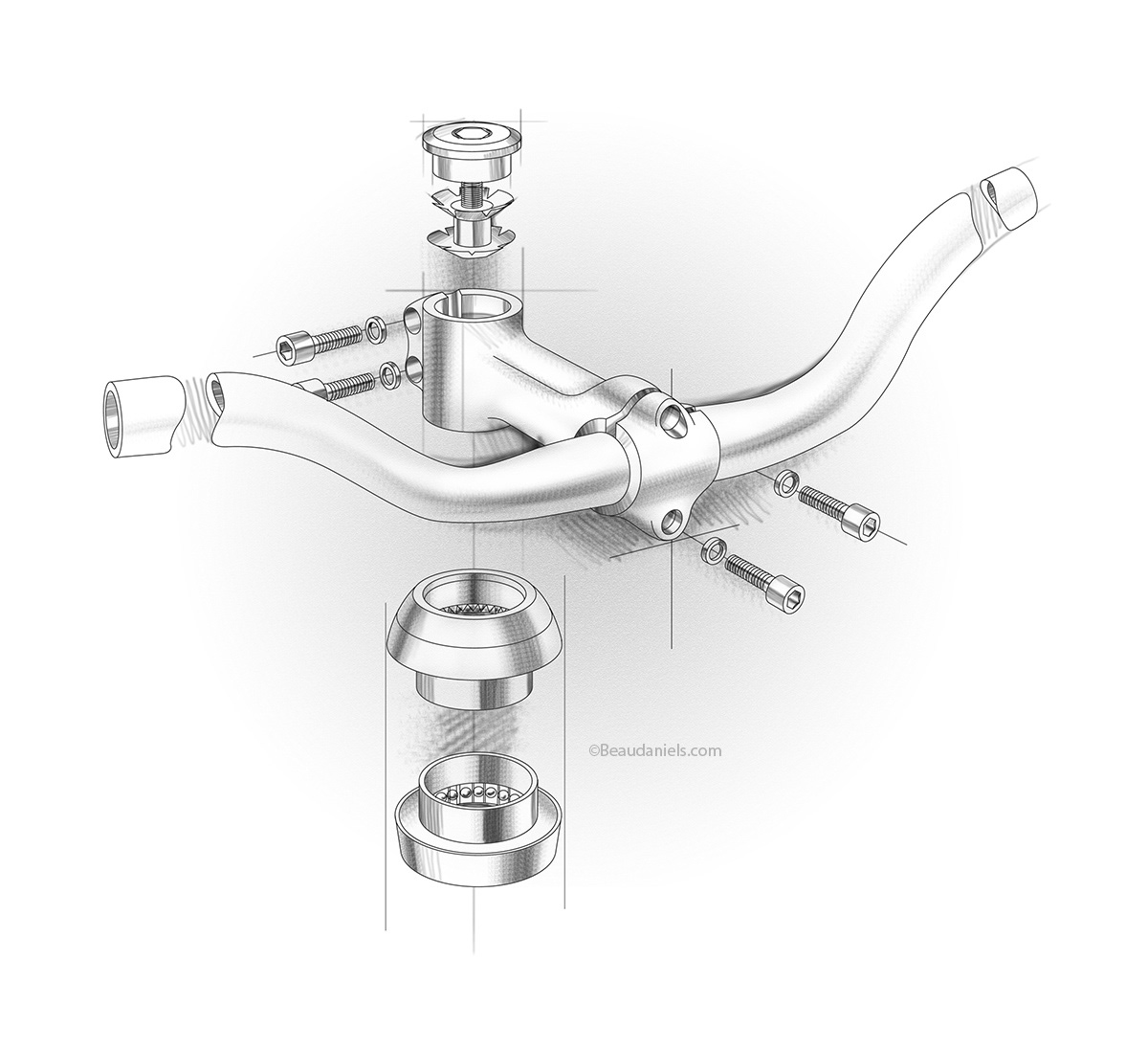 Bicycle handelbar assembly, exploded technical illustration.