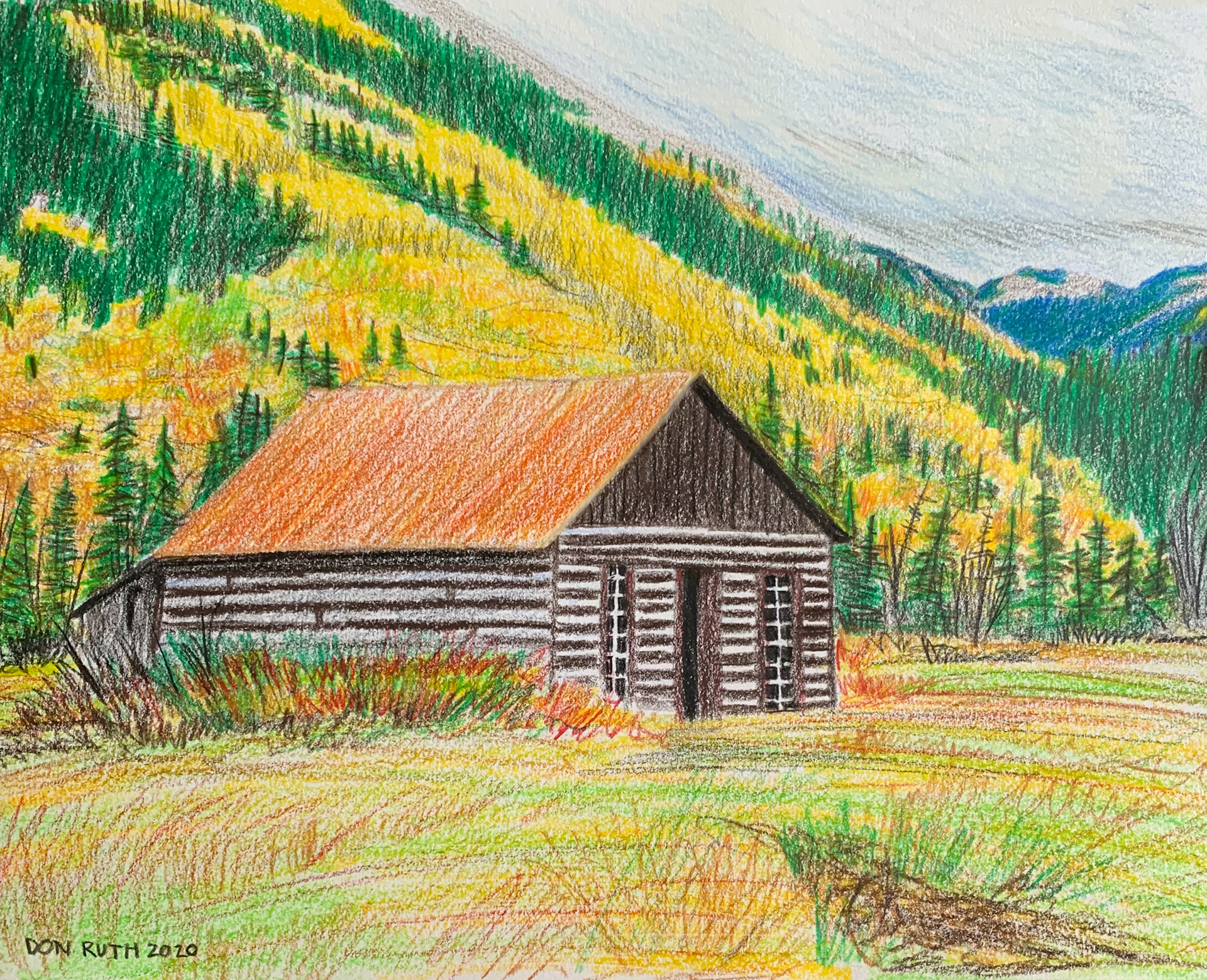 colored pencil Fall Mountain Cabin Don Ruth the Works
