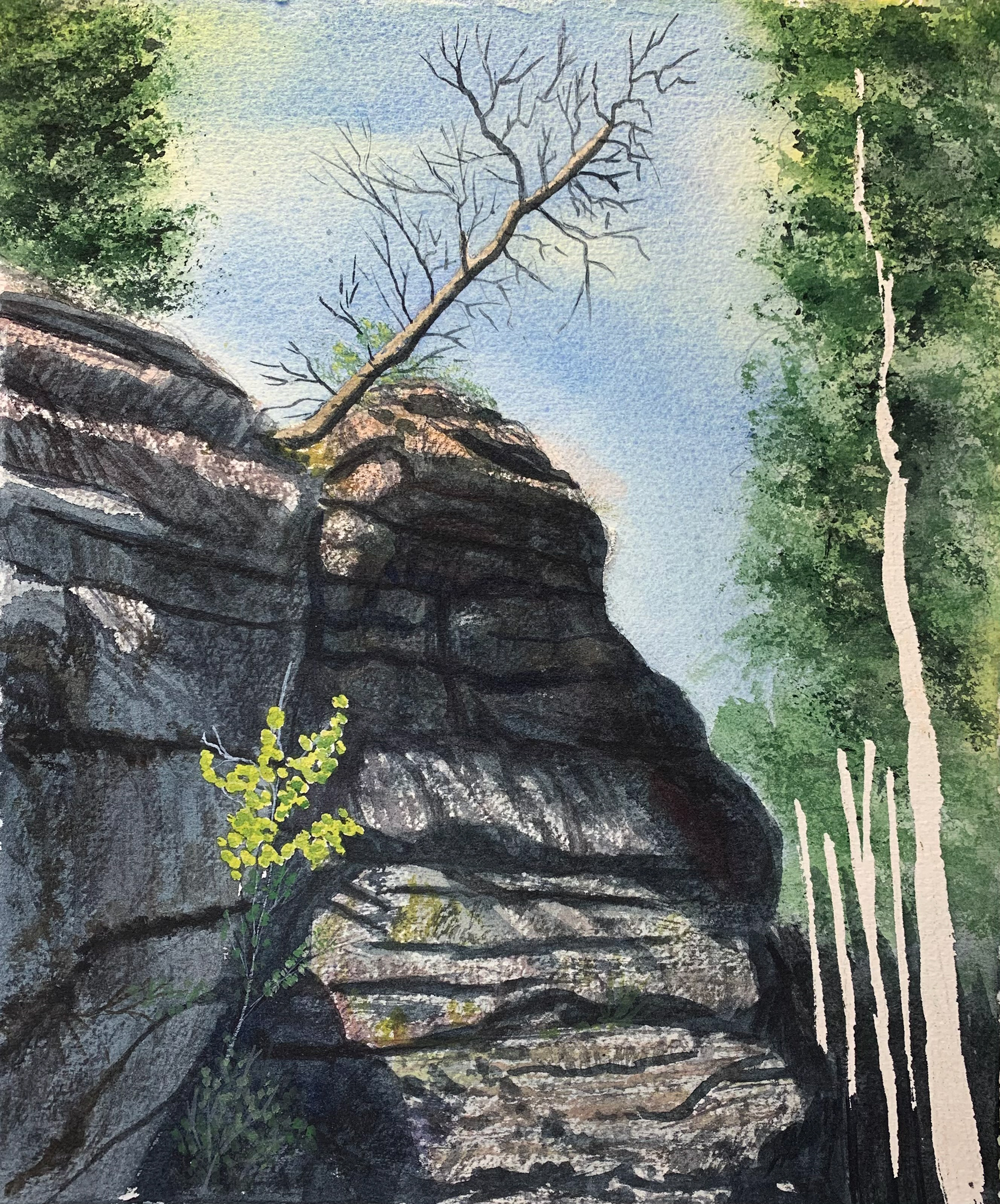 Lit up baby aspen and falling tree painted in.