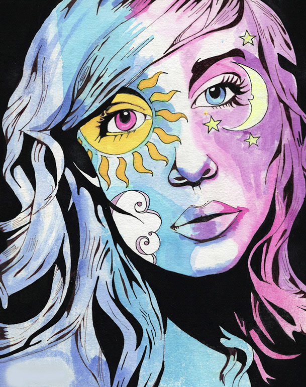 "Solar Girl" 8"x 10" Dyes, ink and pen