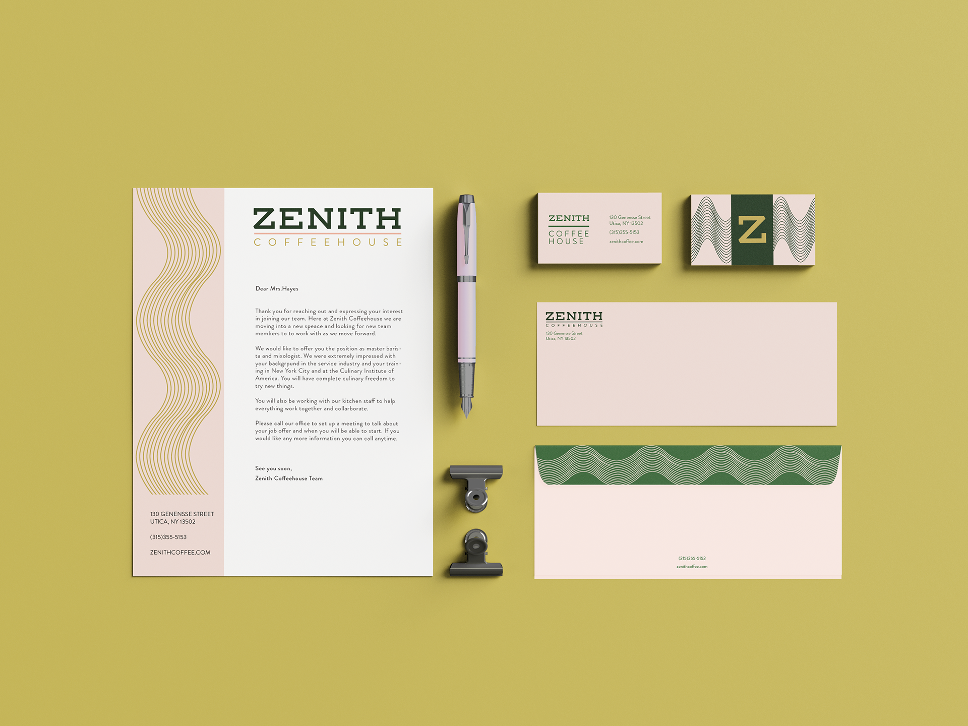 Stationary for Zenith including a letterhead, business card, and envelope.