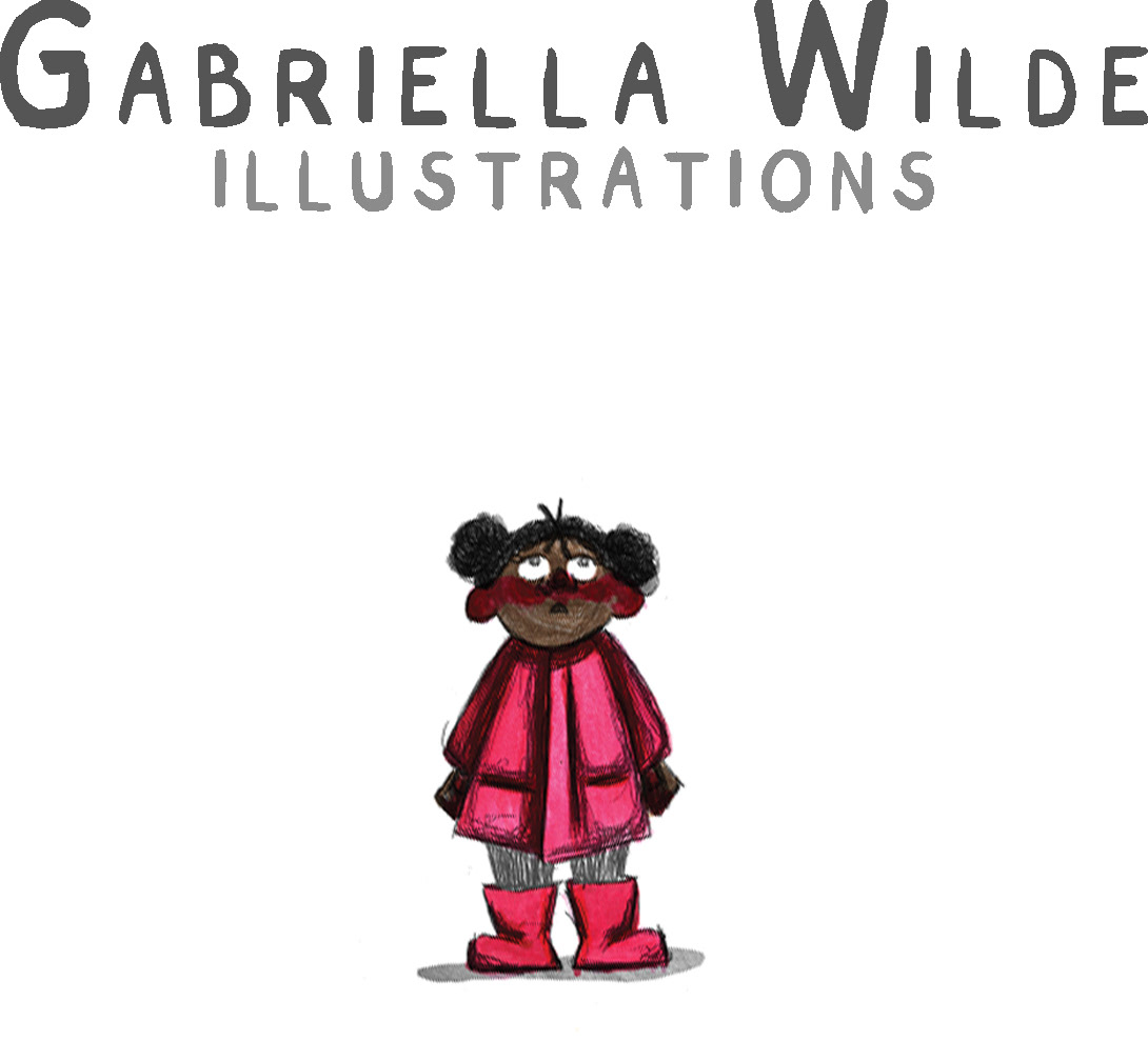 Gabriella Wilde Illustrations. Illustration of a girl in a pink coat and wellies looks up at the text.