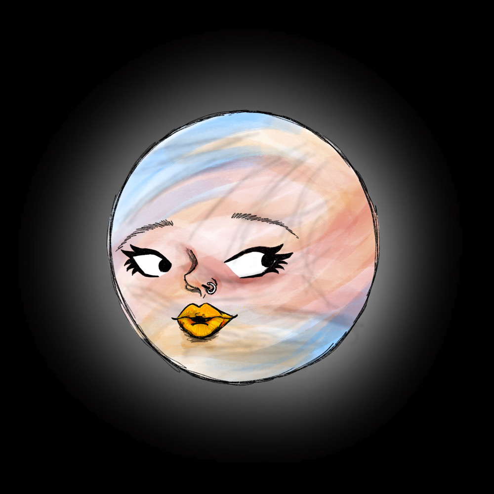 Personified digital illustration of the planet Venus. She is looking to her left, out of the corner of her eyes, with her yellow lips pursed. Her eyes are bold, with sharp, dynamic lashes. Her nose is short and slightly upturned, a nose ring pierced through her left nostril.Personified digital illustration of the planet Venus. She is looking to her left, out of the corner of her eyes, with her yellow lips pursed. Her eyes are bold, with sharp, dynamic lashes. Her nose is short and slightly upturned, a nose ring pierced through her left nostril.