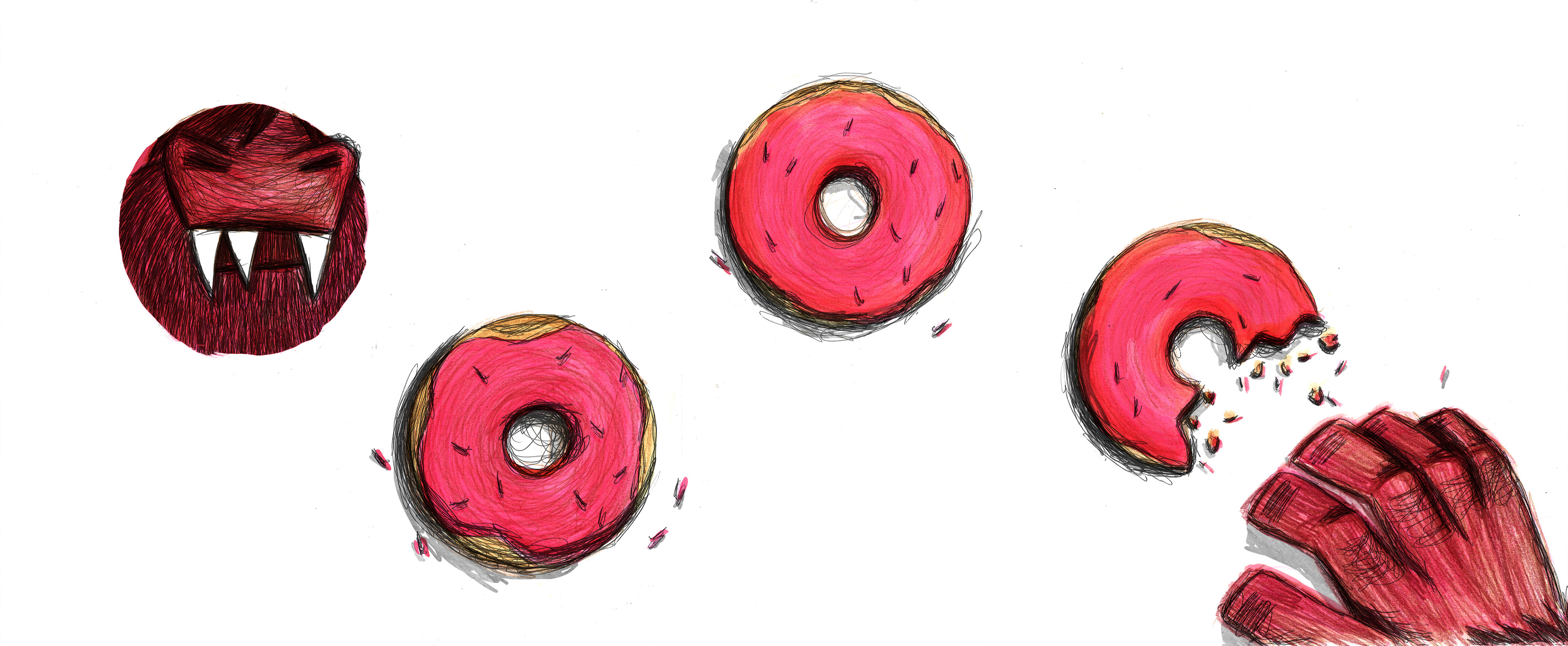 Circular spot illustration shows a pink snout and sharp teeth on a creature. The circles continue across the page as doughnuts, a large, pink hand reaches for a doughnut from the bottom left-hand corner.