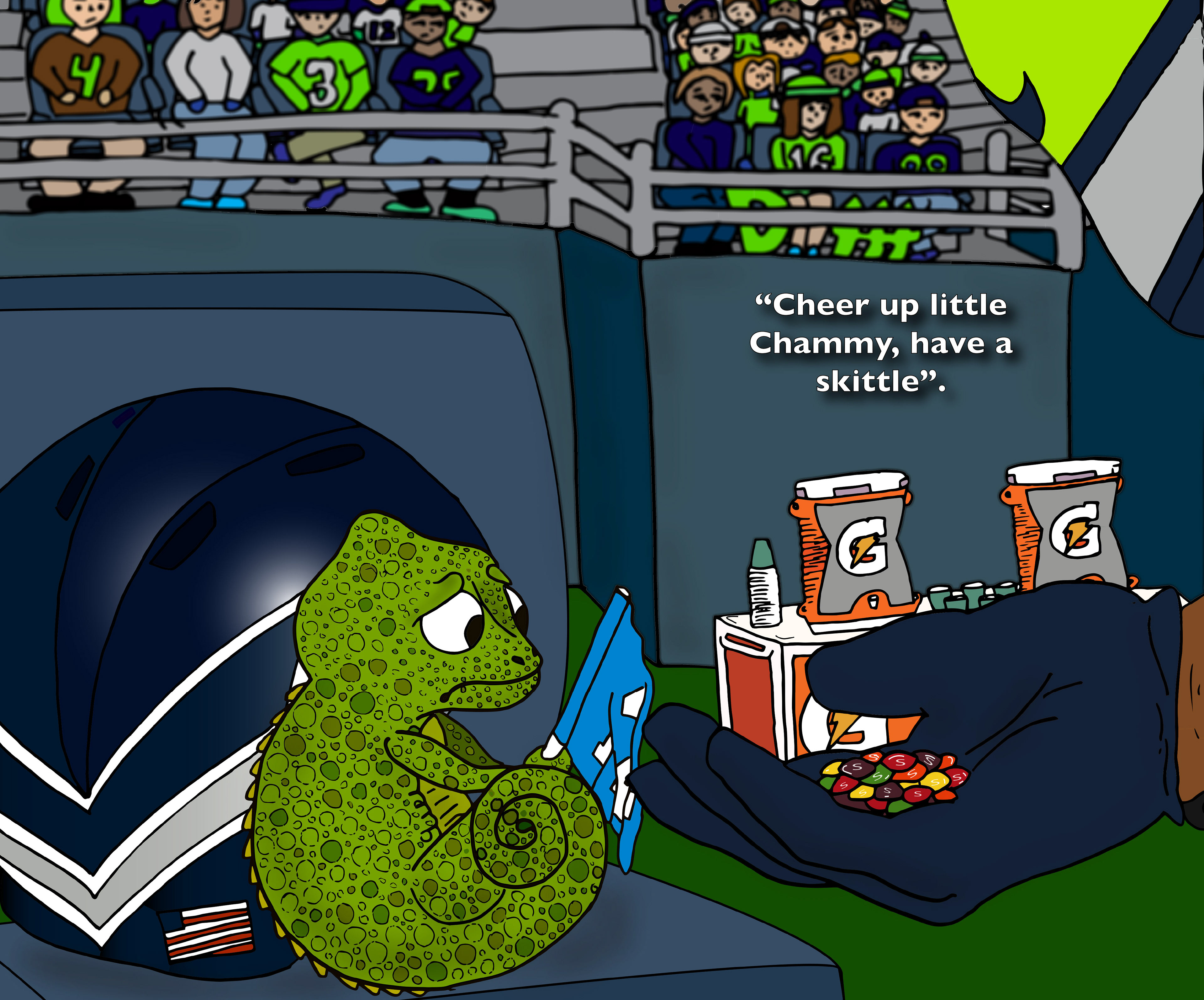 For this project, we had to make a childrens book spread. Not only did we need to illustrate a story but we had to make up a story. This book is about a colorblind chameleon named Chammy who was sad because he could not change to the Seahawks colors. A few moment later Lynch comes over and offers him some skittles. Once he taste the rainbow he can see the rainbow, and is no longer colorblind.