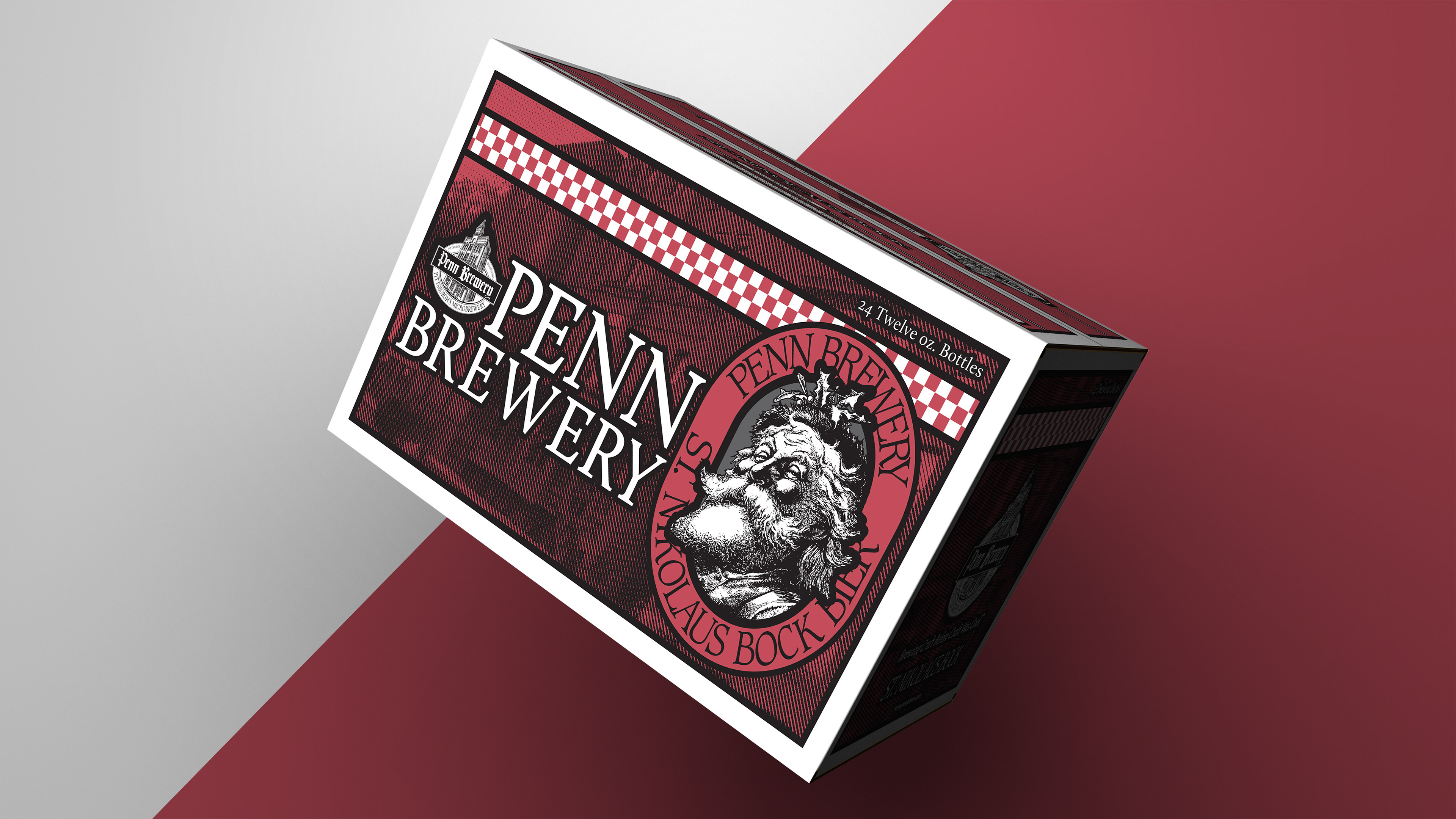 Photoshop 3D Rendering of Penn Brewery's, St. Nikolaus Bock 24 pack corrugated case designed by Andrew Thompson