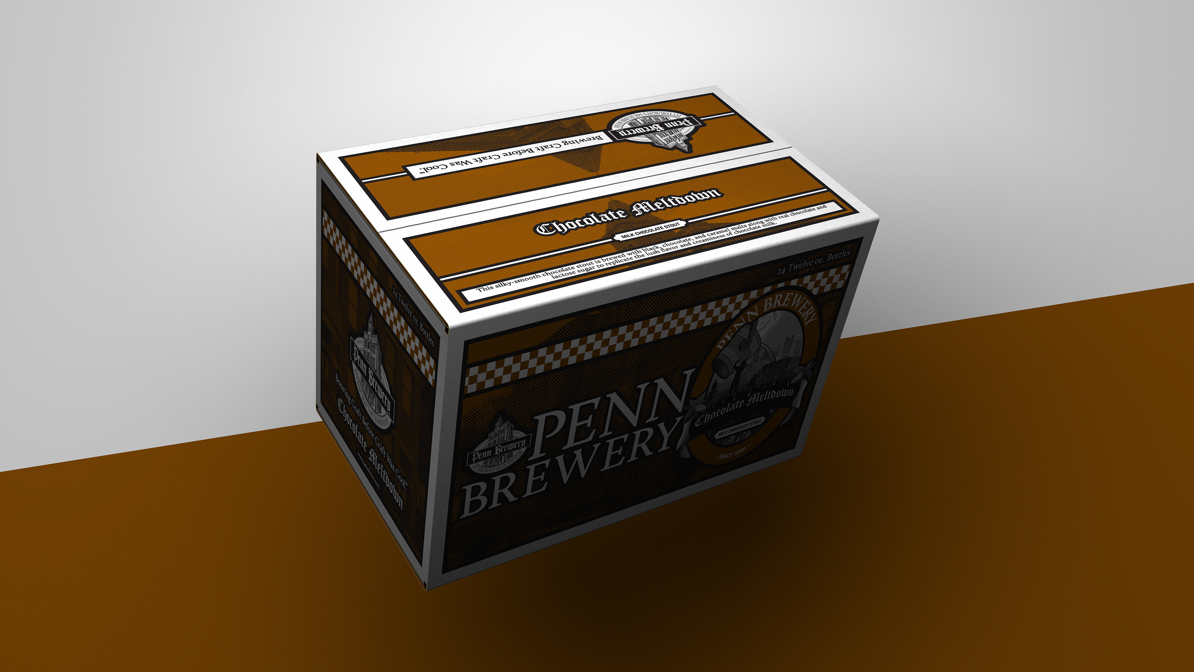 Photoshop 3D Rendering of Penn Brewery's, Chocolate Meltdown 24 pack corrugated case designed by Andrew Thompson