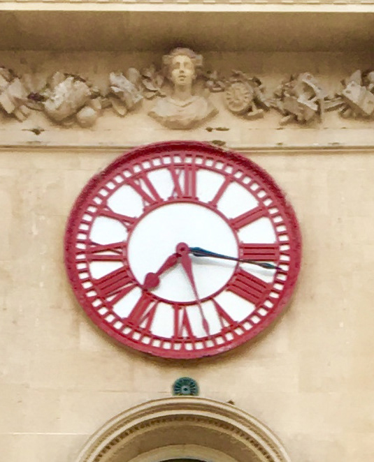 The Clock on the Corn Exchange in Bristol showing Bristol Mean Time (the Black Hand) and Greenwich Mean Time. Many cities resented the introduction of National Mean Time