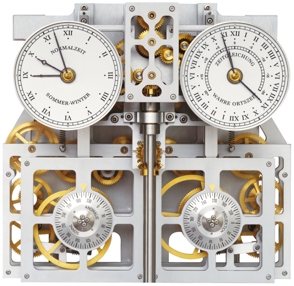 Festo Harmonices Mundi Auxiliary Dials showing summer & winter Civil Time (left) and Solar Time & the Equation of Time (right) with gearing for the Ellipticity effect driven by the anomalistic year gearing (bottom left) and the gearing for the Obliquity effect driven by the tropical year gearing (bottom right)