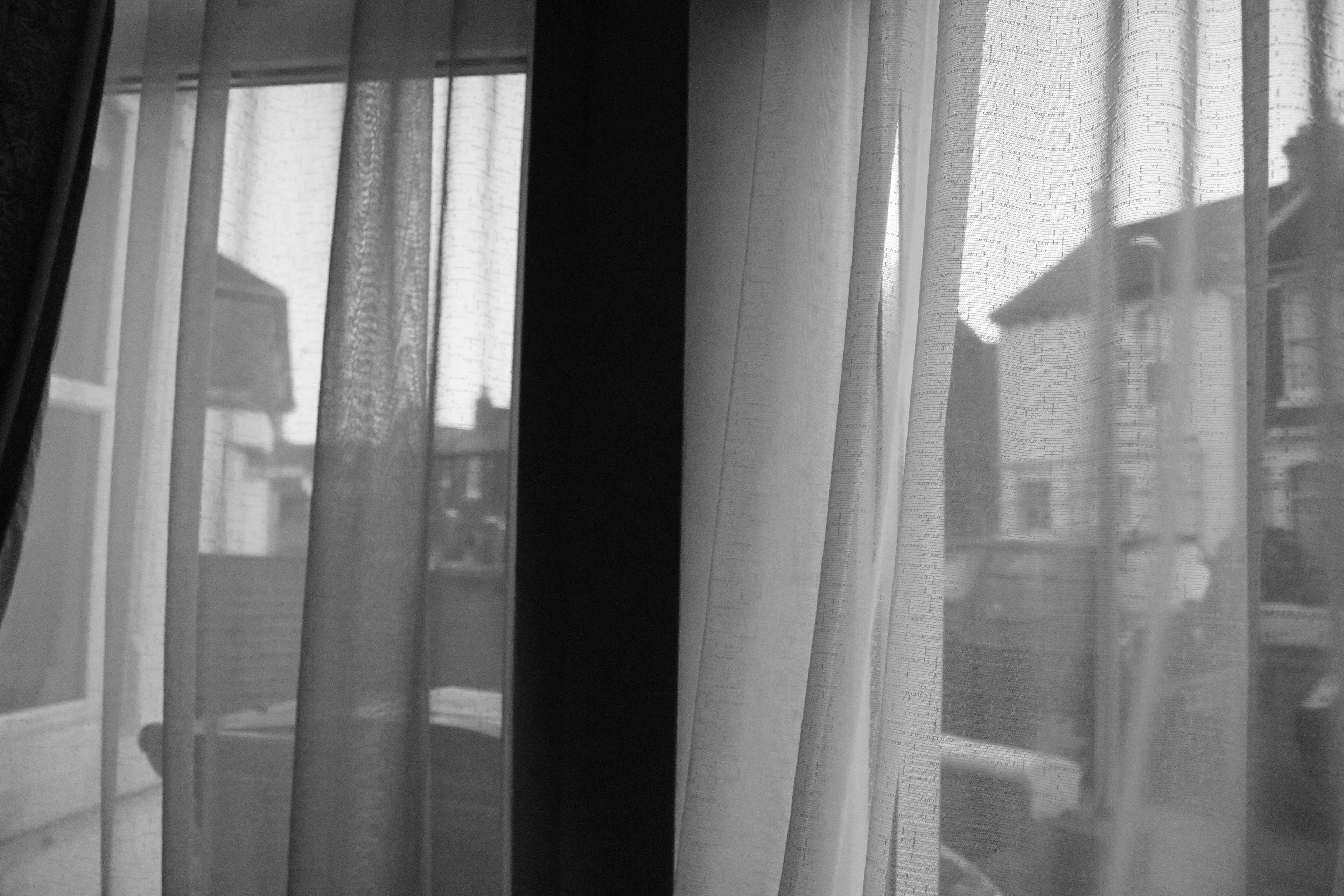 Window shadowed by translucent curtains, the outside blurry but visible 