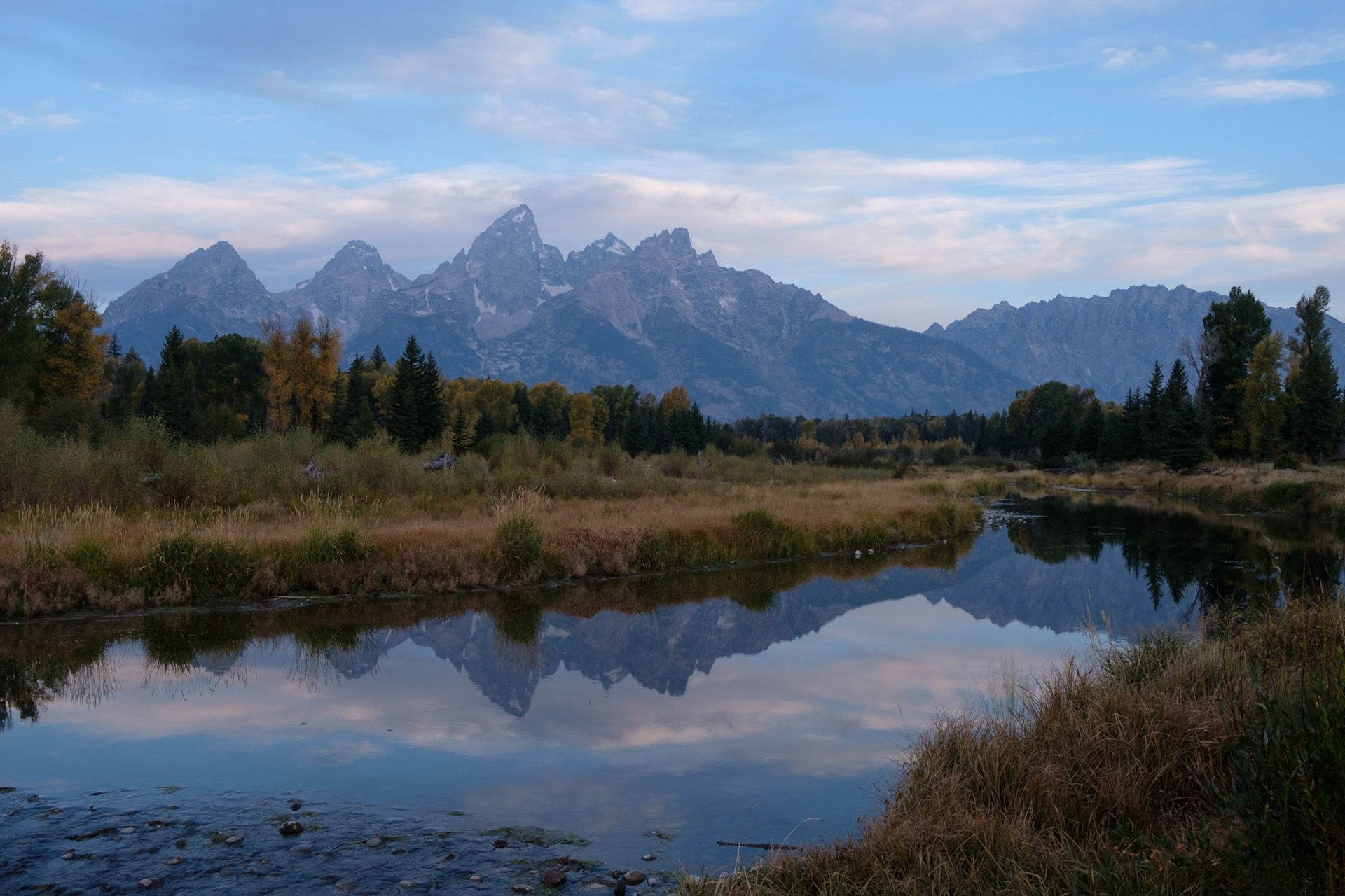 Tetons reflected in the Snake River, taken at Schwabacher’s Landing