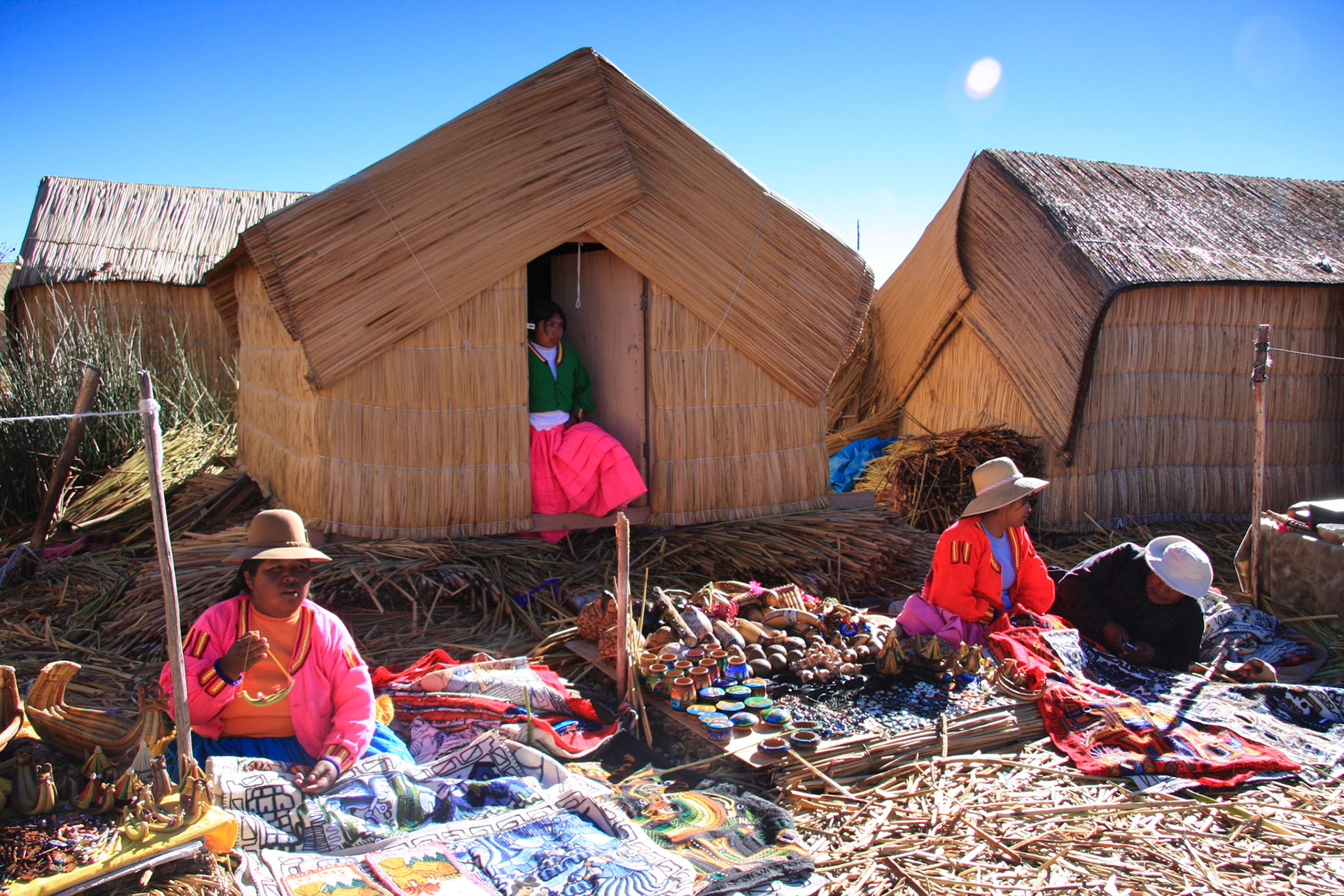 Los Uros islanders and handicrafts for sale!
