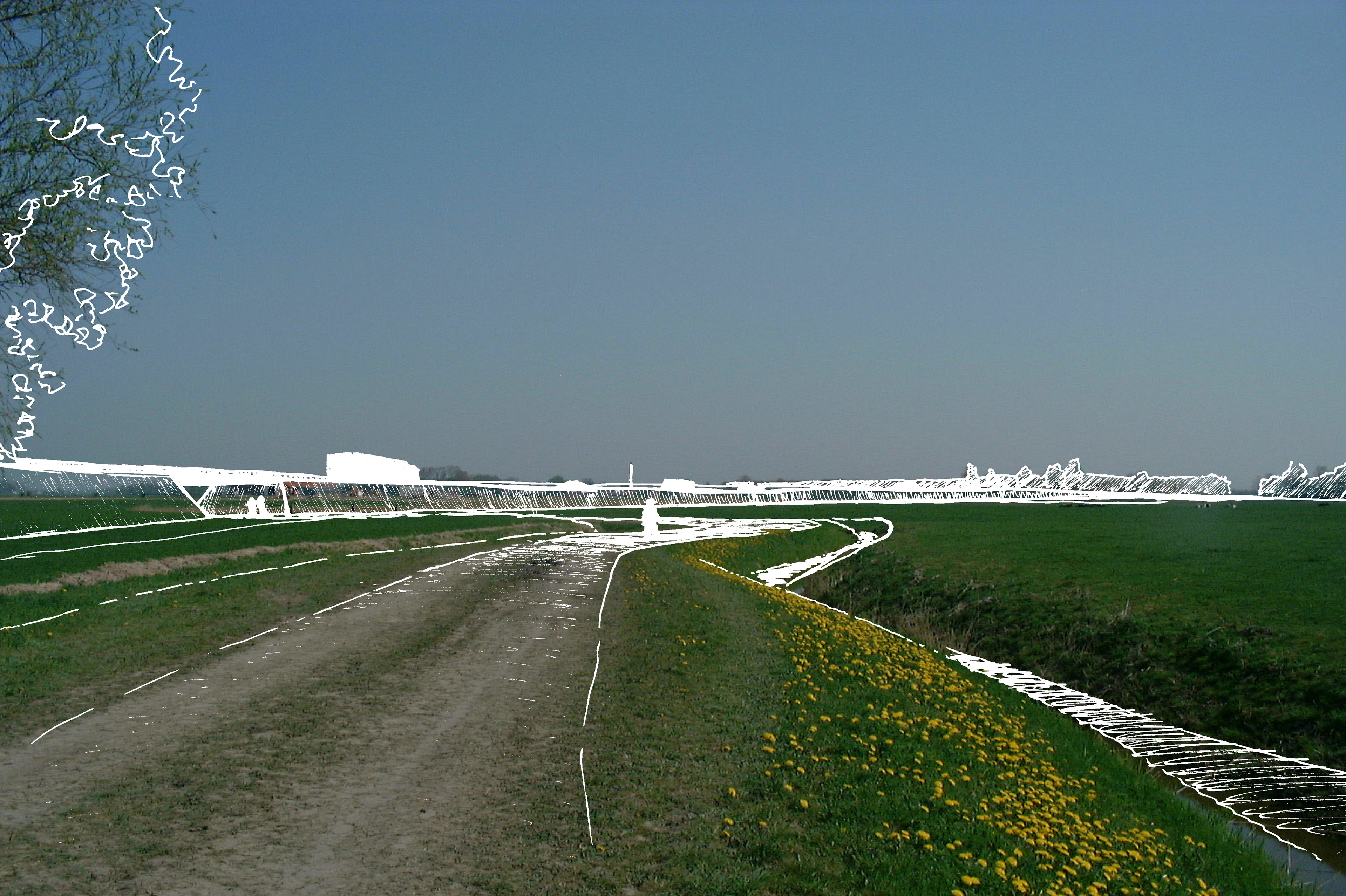Visualisatie van het effect van een viaduct voor de N360 in het open Groningse landschap