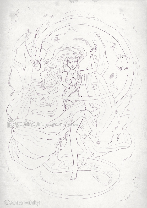 Digitally drawn fantasy line art of a girl and dragon