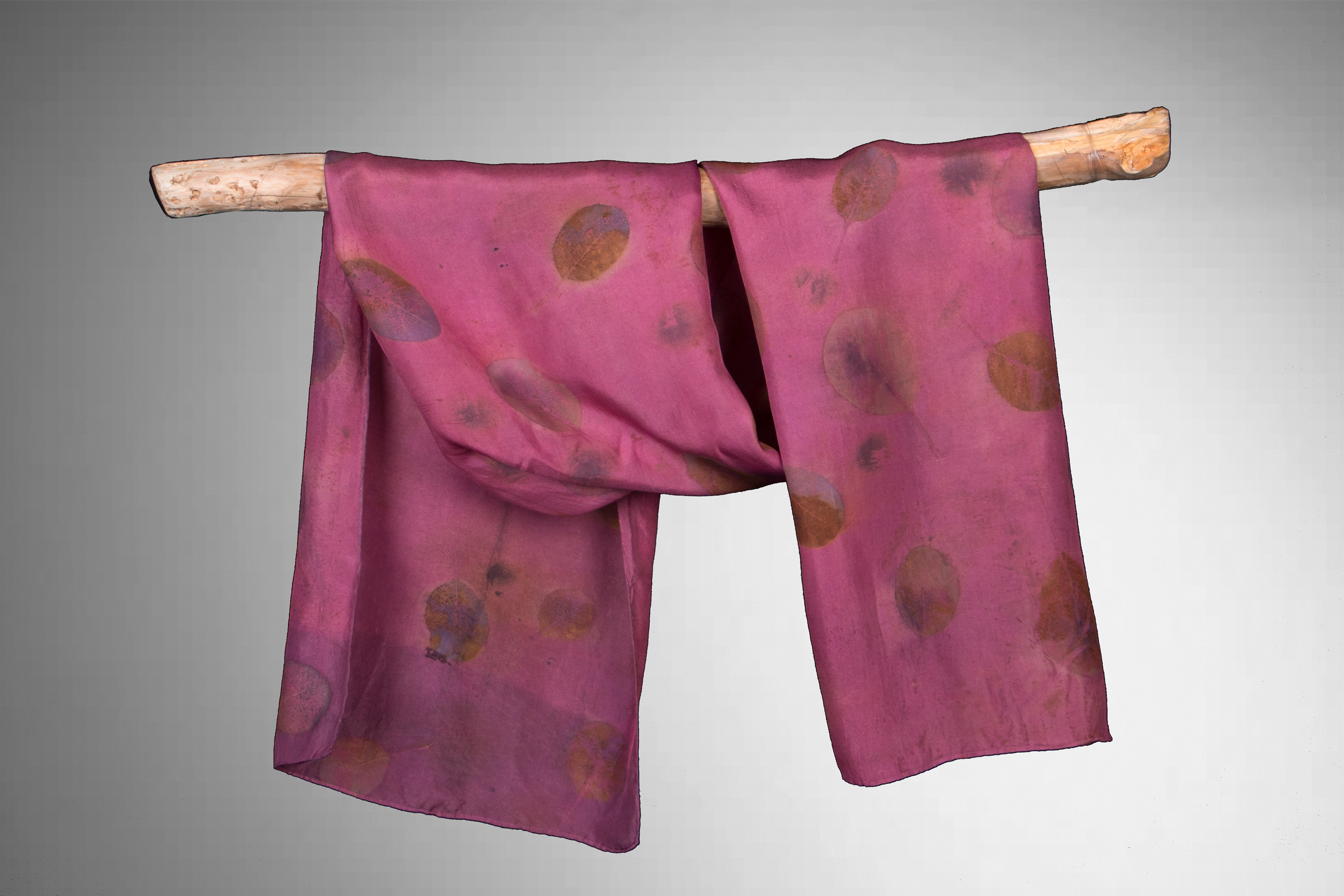 silk scarf naturally dyed with cochineal & ecoprinted smoke bush leaves