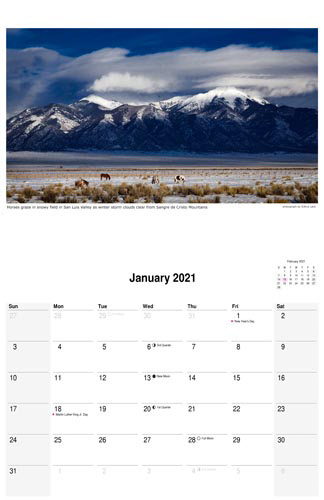 January 2021 scenic calendar, winter mountain landscape photograph