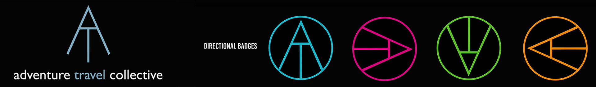 Logo for adventure travel collective made up of an A and a T  and 4 directional badges made of the logo pointing in 4 different directions