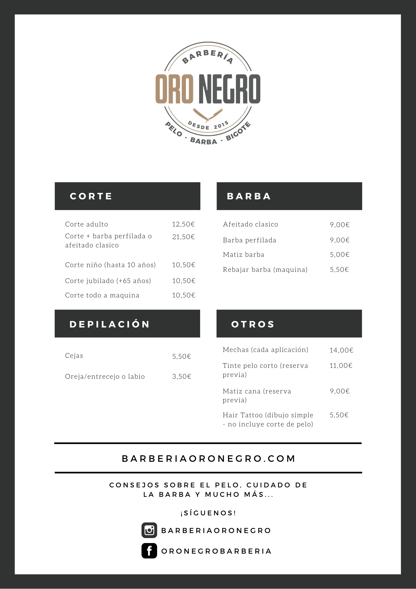 Tarifas barberia oro negro 2020/2021