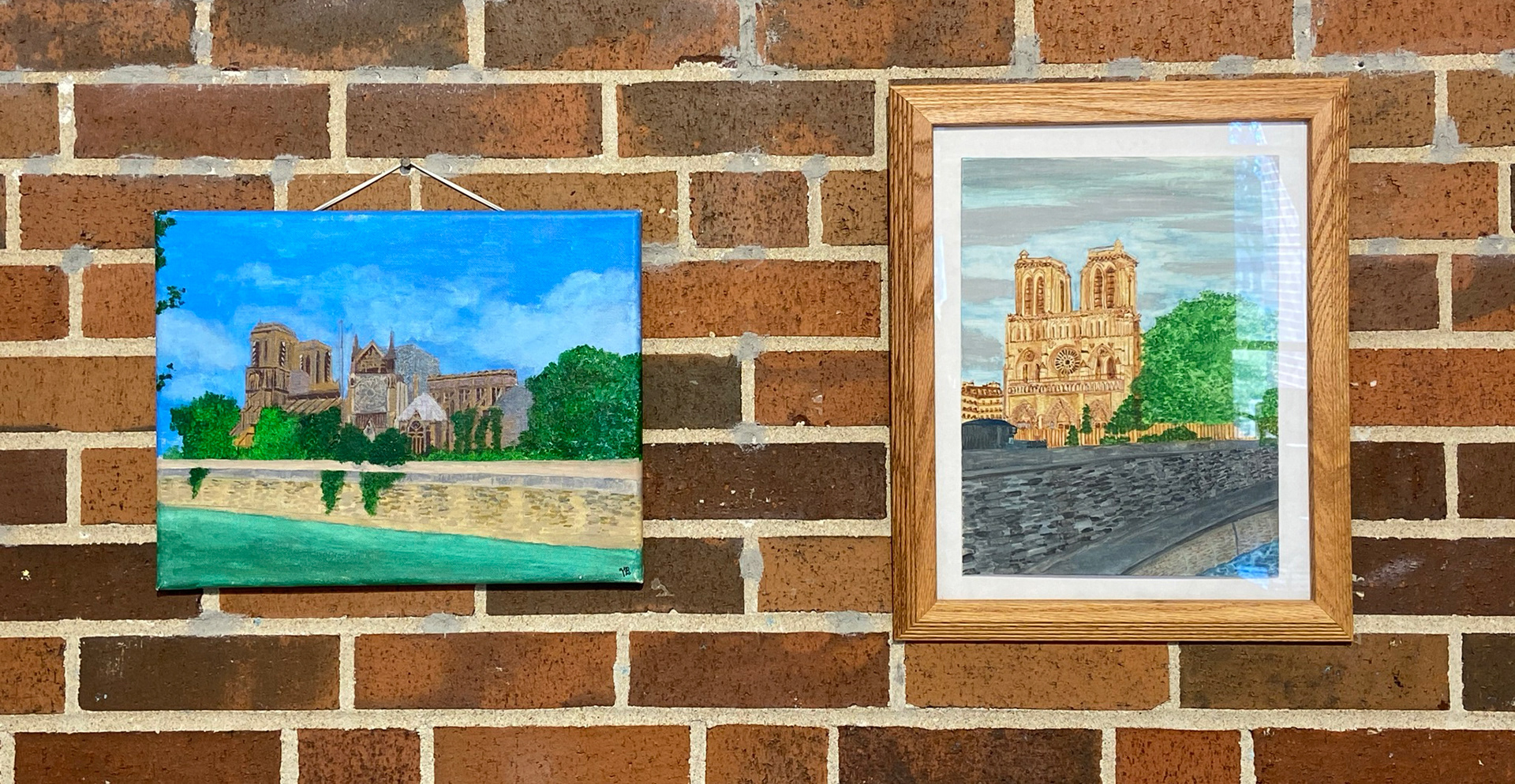 Holly Buhler, "Rebuilding" Acrylic on canvas & "Endure" Watercolor on canvas panel