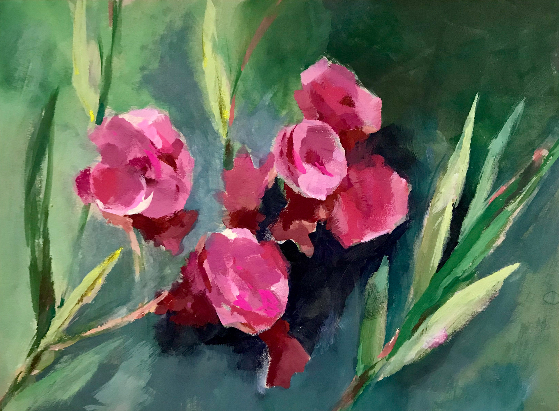 OLEANDER IN SHADOW. Gouache on toned paper, July 2020