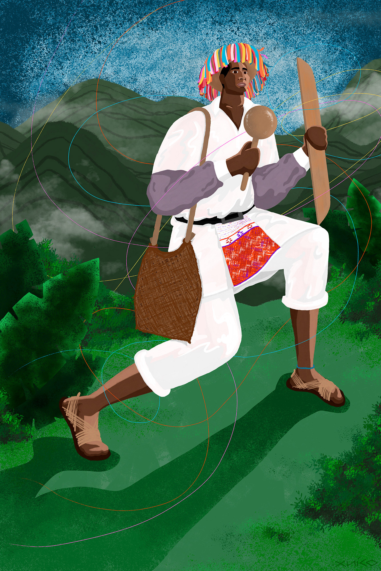 "Alberto, Hombre con Hilos" is an illustration of a Tzotzil weaver from Chiapas, Mexico