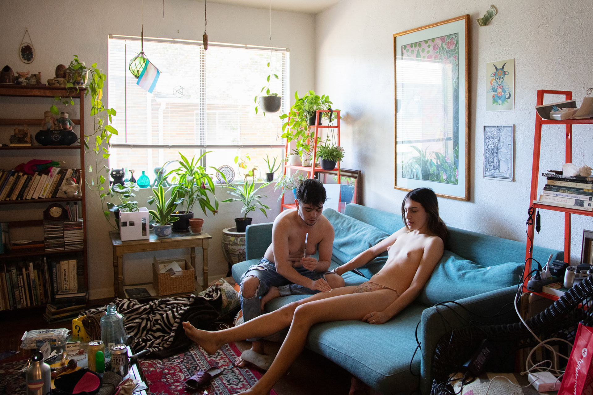 Jesse Pratt López / Atlanta, GA -- Ian Giving me my Estrogen Shot -- 2019, Archival Pigment Print, Edition-1/5, 18x24” Print/Paper $275 / 20x26” Framed $500