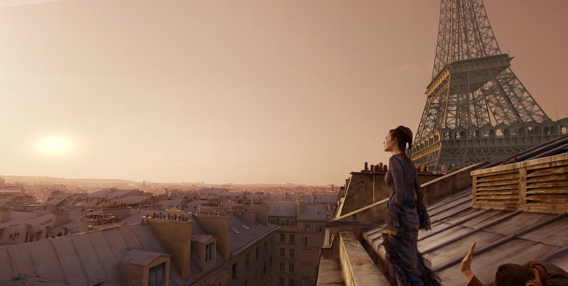 Post-vis concept view over the roofs of Paris at sunset.