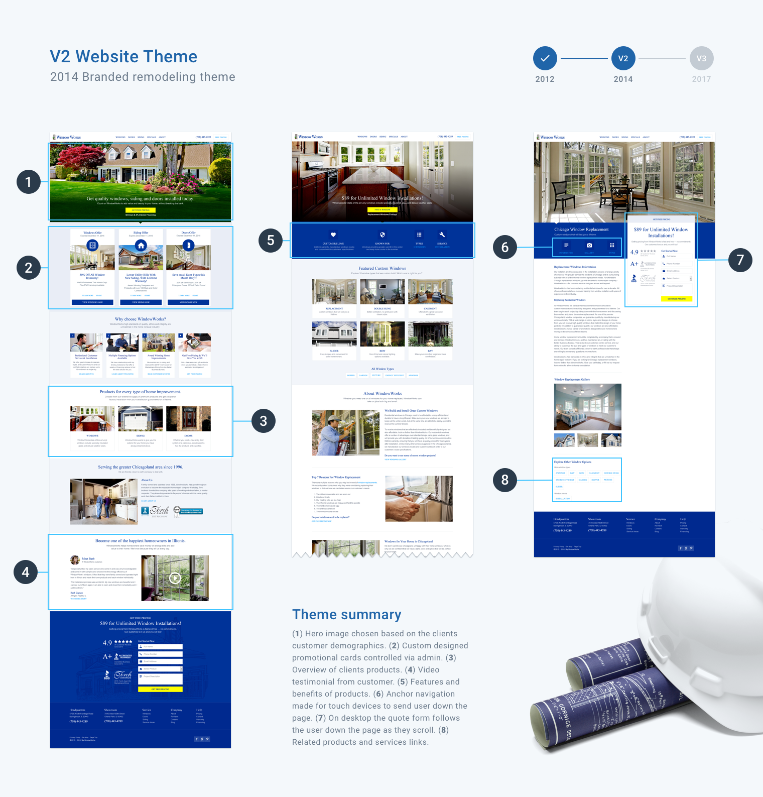 Information design of our responsive lead generation V2 website theme branded for a remodeling company website