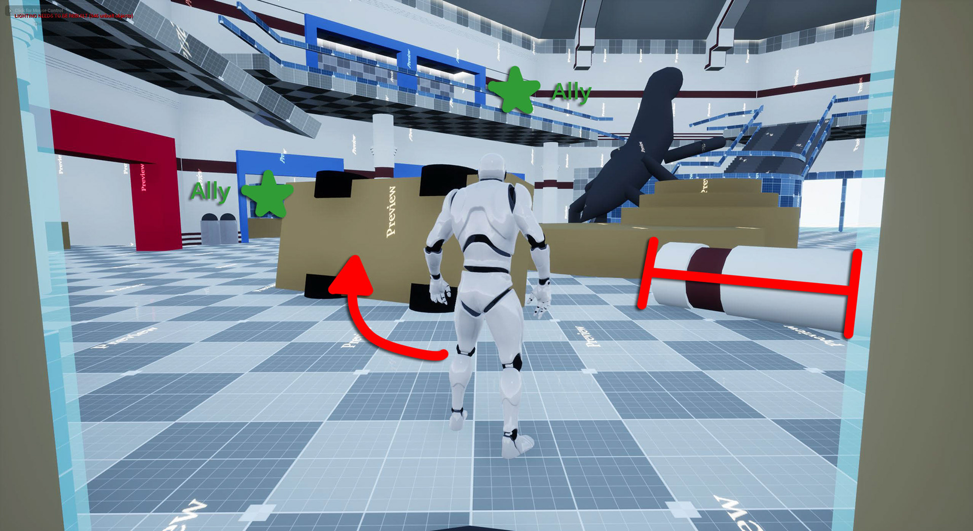 Exiting the Elevator - On exiting the elevator, the player sees the monster away and to the right. A fallen pillar block to the path to the right and an overturned car provides immediate cover from the monster. The player’s friends are located in various stores and different levels of the mall. They are trapped by the mind flayer.
