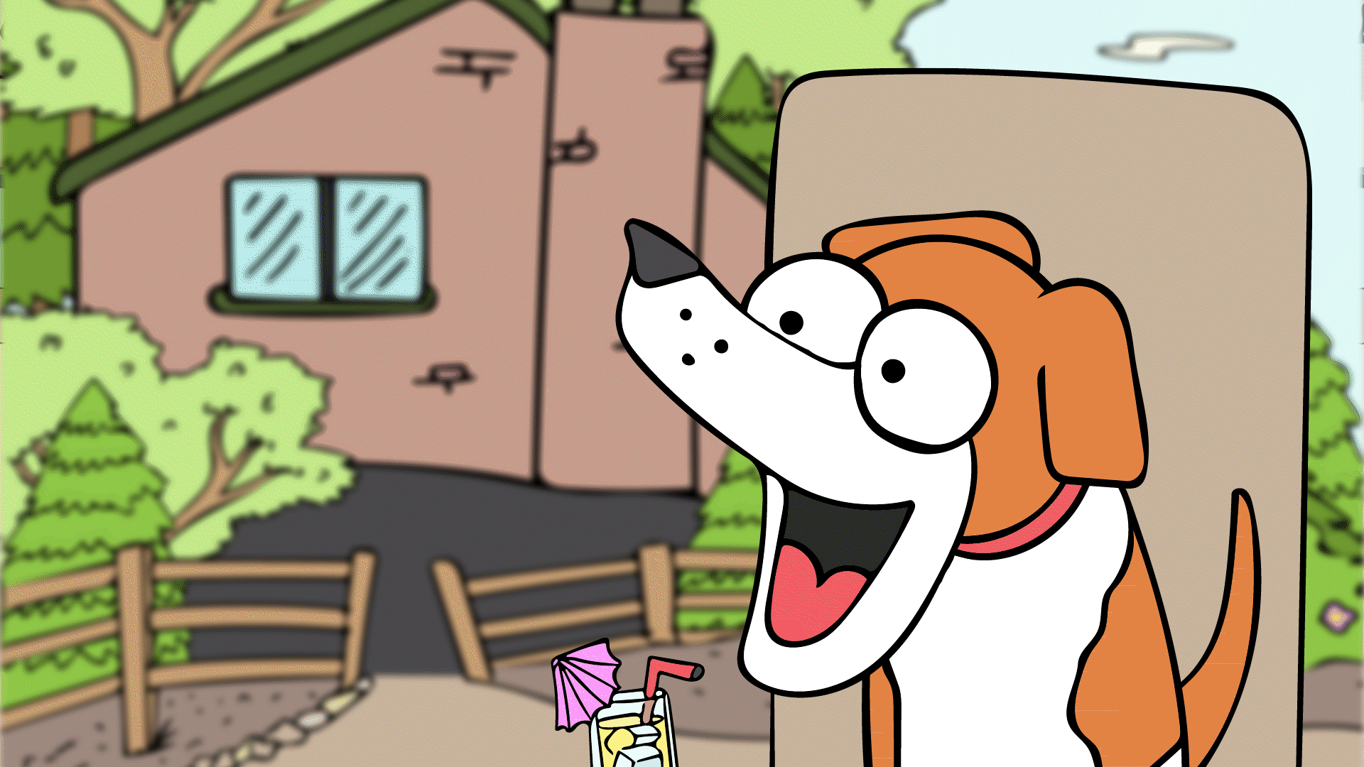 Gif of dog sipping lemonade from a tall glass and straw