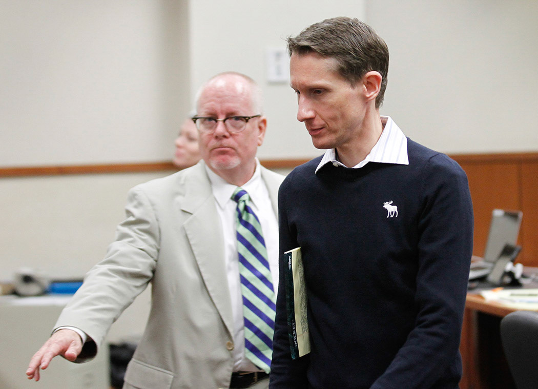 Jeffrey Mundt leaves the court room for a break during the  fourth day of trail