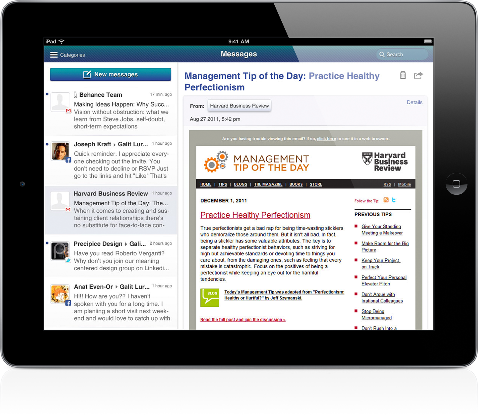 iPad view of multimi messages tab showing a list of messages and a preview of a selected message.