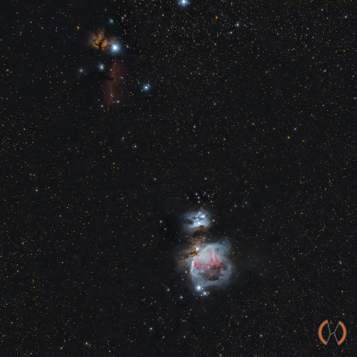2021 - Wide Field (v.b.n.b.) van de Flame Nebula NGC2024, Horse Head Nebula Barnard 33, Running Man NGC1977 en onderin de Orion Nebula M42 en Witch Head Nebula NGC1909
