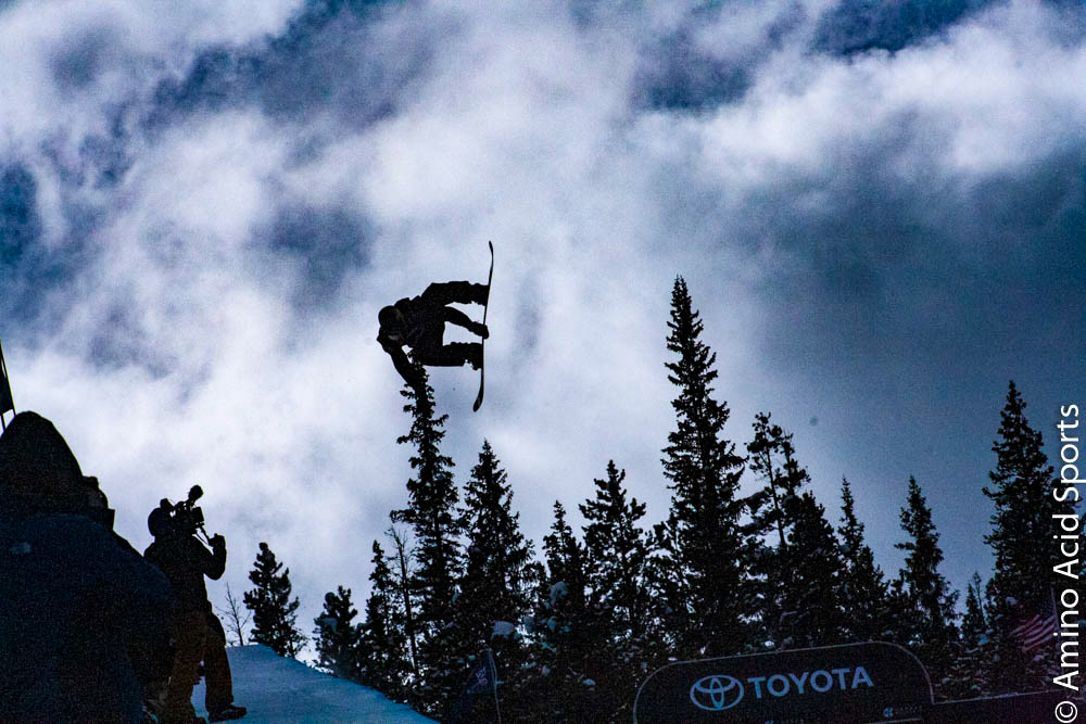Jake Pates (USA) progresses his 720* Mute Back Flip in Run 1 at the US Grand Prix Copper