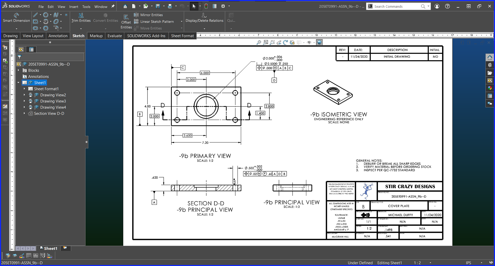 Plate w/ Holes & Counterbore - Drawing w/ GD&T - Solidworks