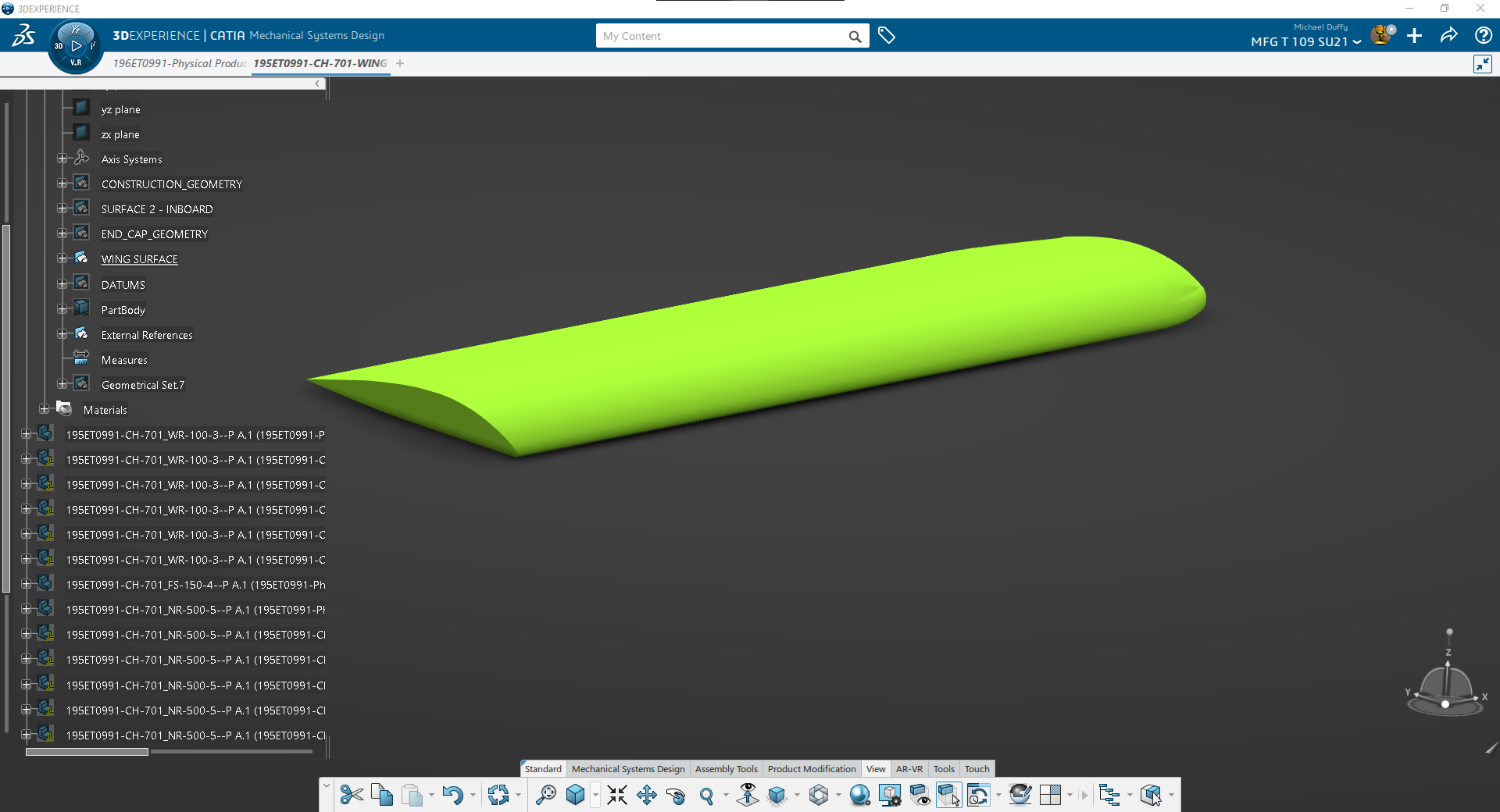 Outer wing surface for CH-701 Wing created with Sweep tool in the Generative Shape Design Workbench.