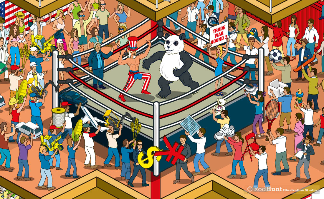 Illustration of a trade war between the United States and China