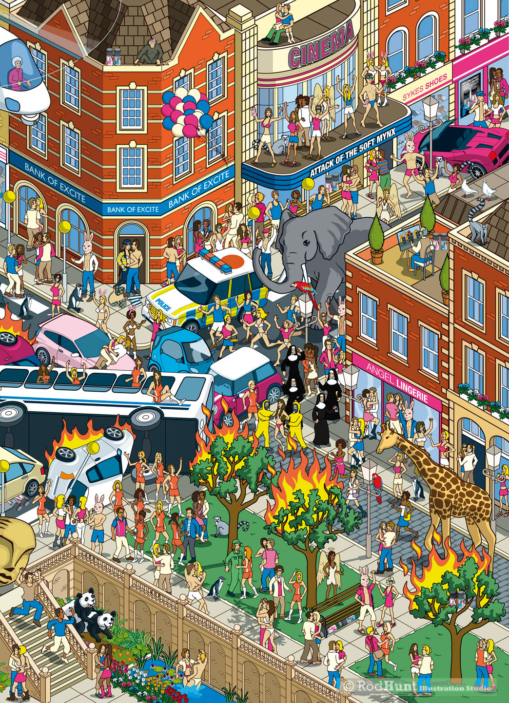 Isometric cityscape illustration for Lynx Deodorant by Rod Hunt